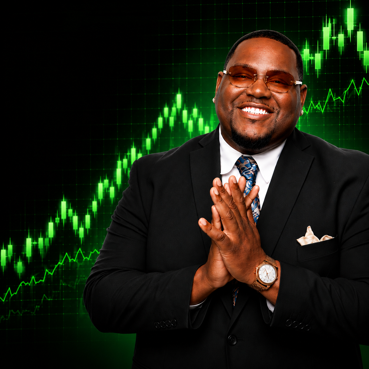Trail smiling in a black suit with a green market chart behind him